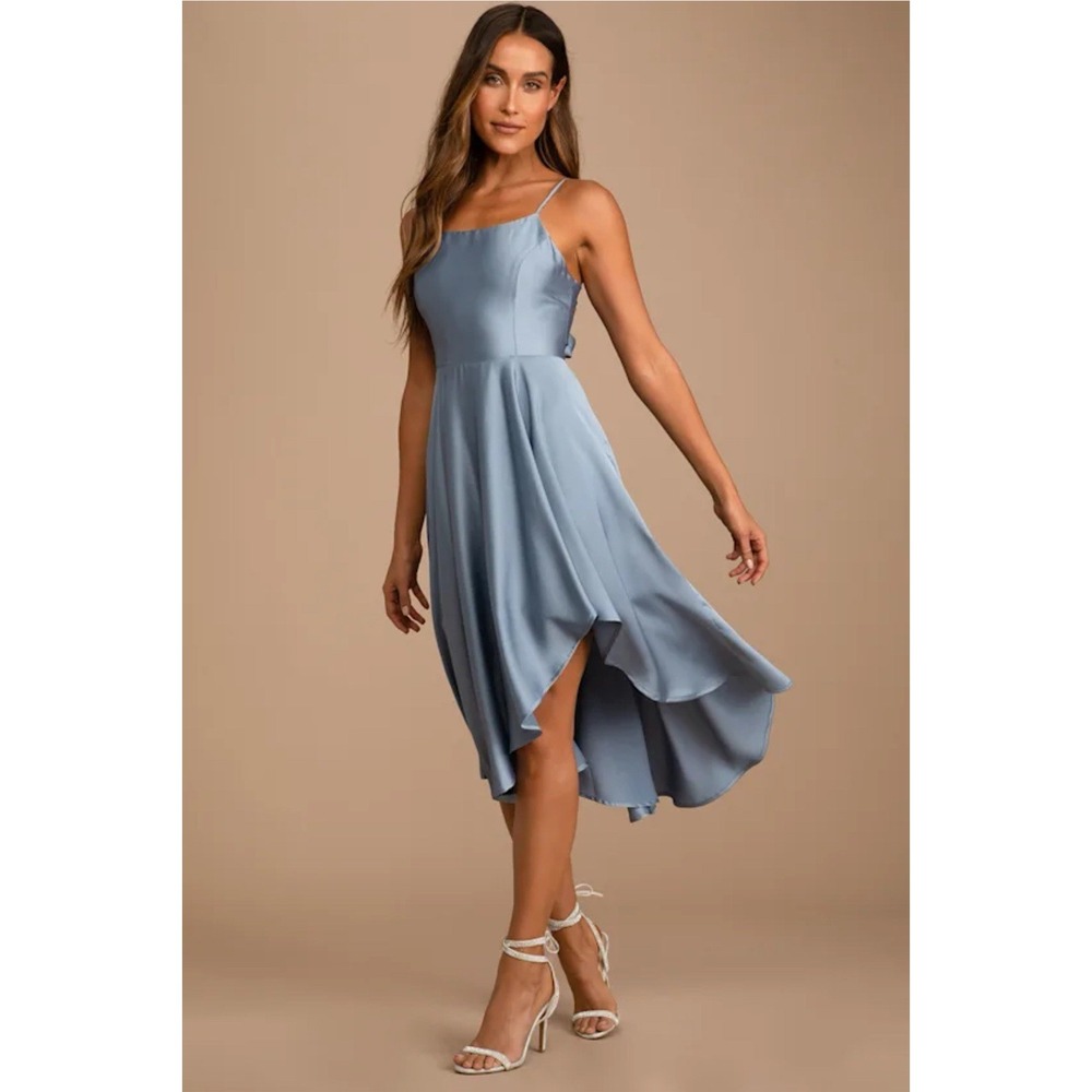 NWT Lulus Days Like Today Blue Satin Asymmetrical Tie-Back Midi Dress Size L